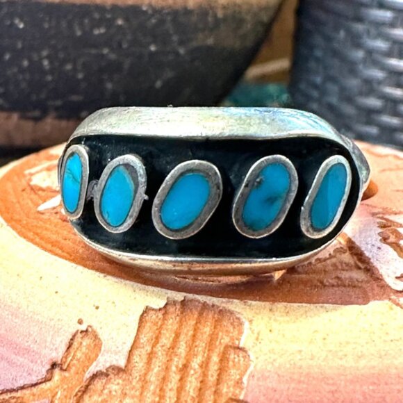 Navajo Vintage Other - Vintage Navajo Sterling Silver Sand Cast Row Ring Turquoise Size 10.5